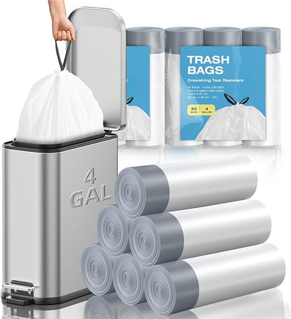 KSSKSS 4 Gallon Mini Drawstring Trash Bags, Small Garbage Bags by KSSKSS, Code a fit 15-22 Liter, 4-6 Gal, White Trash Bin Liners for Home Office Kitchen Bathroom Bedroom, 120 Counts