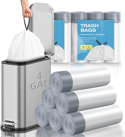 KSSKSS 4 Gallon Mini Drawstring Trash Bags, Small Garbage Bags by KSSKSS, Code a fit 15-22 Liter, 4-6 Gal, White Trash Bin Liners for Home Office Kitchen Bathroom Bedroom, 120 Counts