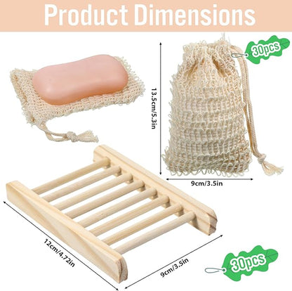 60 Pcs Soap Exfoliating Bag Holder Set, Including 30 Mesh Bath Soap Saver Container and 30 Bamboo Wood Soaps Holder Tray, Natural Barsoap Pouch, Self Draining Soaps Saver Dish