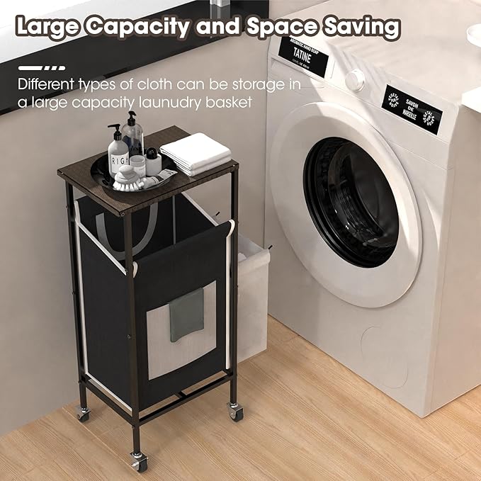 Laundry Hamper with Lid,Rolling Laundry Basket with Wheels,Metal Frame Sorter with Top Shelf and Removable Launddry Bags,Large Laundry organizer for Room, Bathroom, Bedroom (Black)