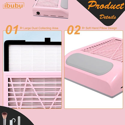 Professional Nail Dust Collector Machine - 80W Powerful Vacuum Cleaner with Multiple Tool Kits - Low Noise Pink