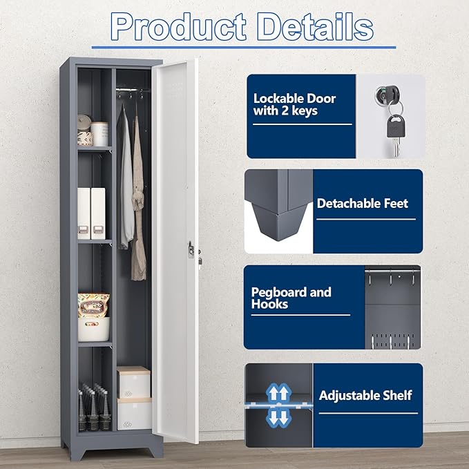 Broom Closet Utility Storage Cabinet with Locking Door and 2 Shelves, 65" H Slim Tool Cabinet for Broom and Mops (Gray,65“H-1 Door) (GrayWhite, 65" H-1Door)