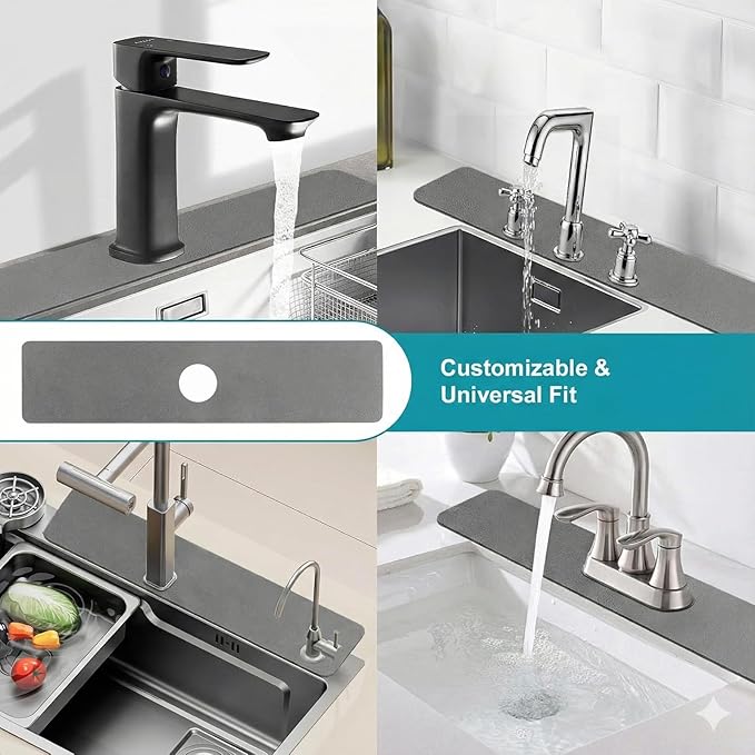 Customizable Kitchen Sink Faucet Mat: 30" Lx5.5 W Splash Guard, Pre-Cut Center Hole, Trimmable to Fit 2 & 3 Holes Faucet & Irregular Sink with Soap Dispenser - Bathroom Counter Protector Drip Catcher