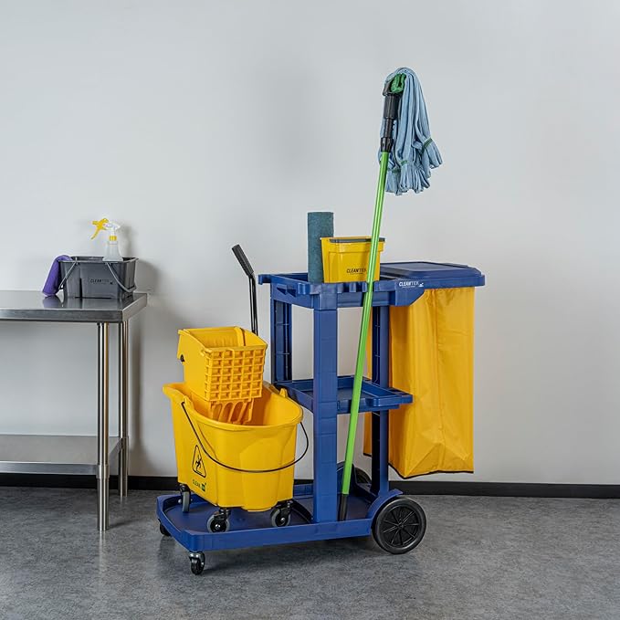 Restaurantware-Clean Tek Professional Janitor Cart with Wheels, 1 Cleaning Trolley with Cover and 18 Gallon Bag - 3 Shelves, Heavy-Duty, Blue Plastic Commercial Janitorial Cart, for Restaurants