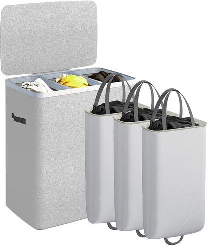CASAMAYA Laundry Basket with Lid, Laundry Hamper 3 Section, 190L collapsible Laundry Organizer, Easy Assembly, with Handles and Removable Liners, 25.2 x 15.7 x 29.5 Inches, Gray JSP904G