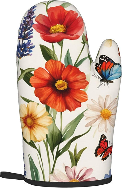 Cute Oven Mitts and Pot Holders Sets Poppy Daisy Flowers Kitchen Gloves Lavender Butterfly Hot Pads 2 Pieces Set Spring Summer Floral Kitchen Decor and Accessories