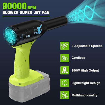 Jet Dry Mini Blower, Jet Fan 3 Adjustable Wind Speeds for Ryobi 18V Li-ion Battery, Cordless Mini Fan Compressed Air Duster for Drying,Cleaning,Leaf Blower(No Battery)