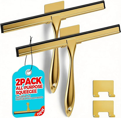 ALFLOD 2PACK 12-Inch Golden All-Purpose Shower Squeegee for Shower Doors, Bath Linen Sets, Tile Shower Walls, Bathroom, Window, Glass and Car Windshield, Mirrors and Kitchen-Stainless Steel
