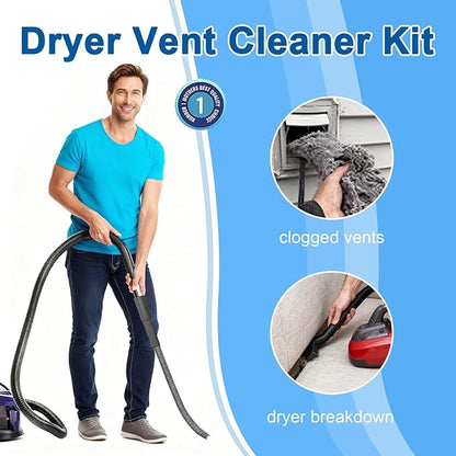 Upgraded Dryer Vent Cleaner Kit: Dryer Lint Vac Attachment, Universal Vacuum Hose Attachment Tool Cleaning Brush for Lint Removal, Clogged Ducts Deep Cleaning