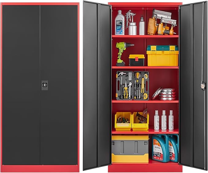 Metal Garage Cabinet,71" Lockable Storage Cabinet with 2 Doors and 5 Adjustable Shelves,Tall Steel Cabinets for Garage,Home Office,Basement,School,Hospital(Black & Red)