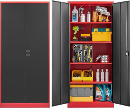 72 Inch Metal Cabinet,Lockable Storage Cabinet with 2 Doors and 4 Adjustbale Shelves,Tall Tool Cabinet Cabinet for Garage,Basement,Home Office,Gym(Red & Black)