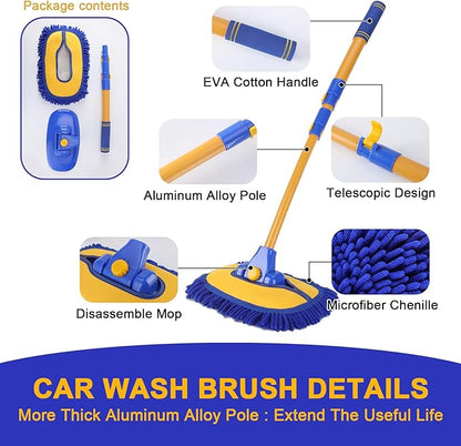 15° Curved Car Wash Brush with 43" Telescopic Handle – Microfiber Chenille Car Wash Mop for RV, SUV, Truck & Boat – Soft, Scratch-Free Extendable Cleaning Tool (Blue&Yellow)