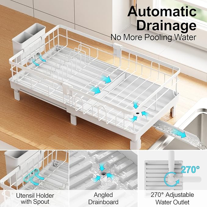 GSlife Expandable Dish Drying Rack for Kitchen Counter, 12-20.5 Inch Compact Dish Rack with Drainboard, Swivel Spout, Cup & Utensil Holder, Rust-Resistant Dish Drainer for Small Kitchen, RV, White