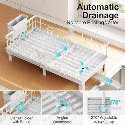 GSlife Expandable Dish Drying Rack for Kitchen Counter, 12-20.5 Inch Compact Dish Rack with Drainboard, Swivel Spout, Cup & Utensil Holder, Rust-Resistant Dish Drainer for Small Kitchen, RV, White