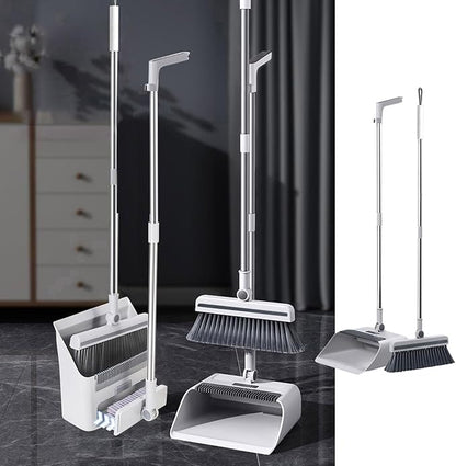 3-in-1 Broom and Dustpan Set with Cleaning Teeth, 38" Stainless Steel Long Handle,Standing Storage, Indoor Sweeping Combo for for Home & Kitchen, Brooms with Dustpan Combo Set, White