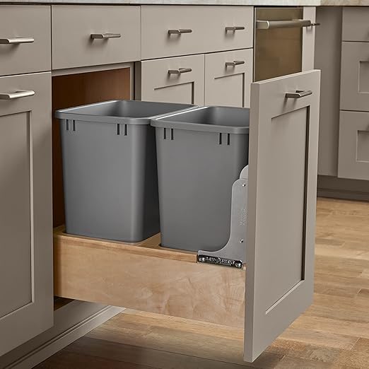 Rev-A-Shelf 35 Qt Bottom Mount Double Pullout Under Cabinet Kitchen Trash Cans w/Soft-Close for Base Cabinets, 150 Pound Rated Full-Extension Slides, Min Opening Width of 14.5", Gray, 4WCBM-18DM-2