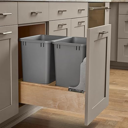 Rev-A-Shelf 35 Qt Bottom Mount Double Pullout Under Cabinet Kitchen Trash Cans w/Soft-Close for Base Cabinets, 150 Pound Rated Full-Extension Slides, Min Opening Width of 14.5", Gray, 4WCBM-18DM-2