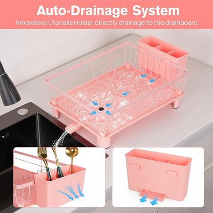 Cute Pink Dish Drying Rack with Drainboard,Dish Racks for Kitchen Counter Organization (with 4 Hooks)