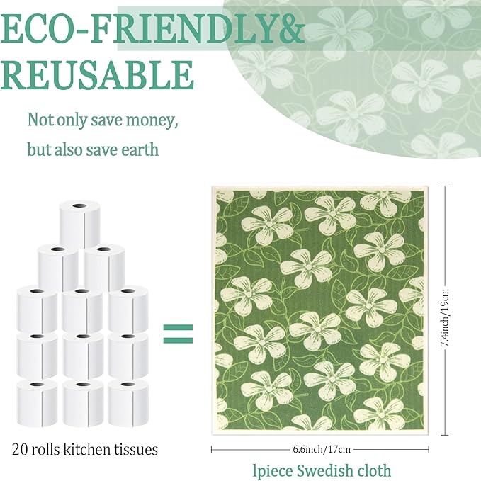 6 - Pack Swedish Kitchen Dish Cloths - Reusable Paper Towels for Counters & Dishes - Eco Friendly Cellulose Sponge Cloth (Botany)