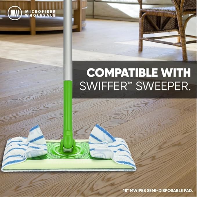18" MWipes® Semi-Disposable Microfiber Mop Pads - Compatible with Swiffer Sweeper - Replacement Flat Mop Heads Compatible with Any Flat Mop System, 25 Pack