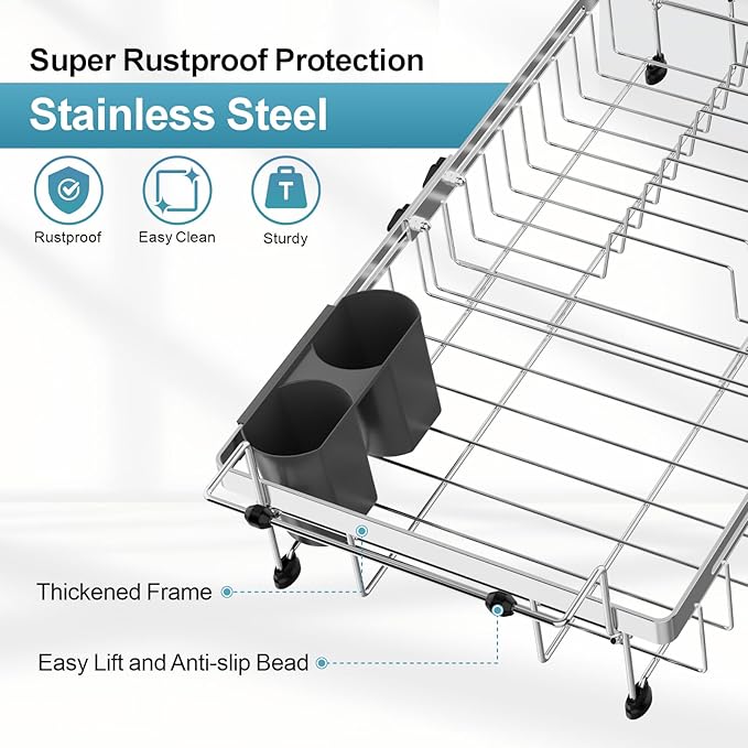 GSlife Dish Drying Rack Over the Sink - Expandable Stainless Steel Heavy Duty Dish Drainer for Small Kitchen Apartment, Space Saving Sink Rack with Secure Lock Knob and Utensil Holder, Silver