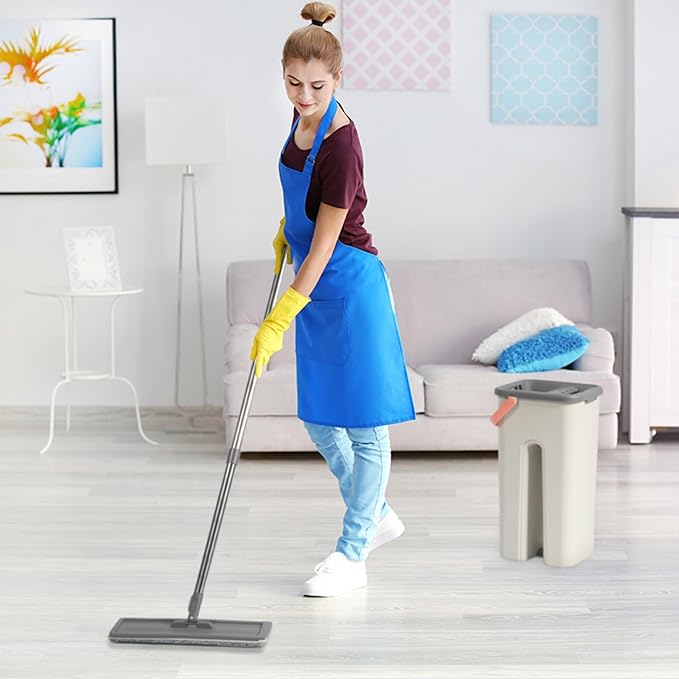 360° Microfiber Flat Mop with Hands-Free Self-Cleaning Bucket, Wash & Dry Dual Chamber System, Adjustable Handle, Includes 2 Microfiber Mop Pads, Wet & Dry Floor Cleaning - (LV-F02)