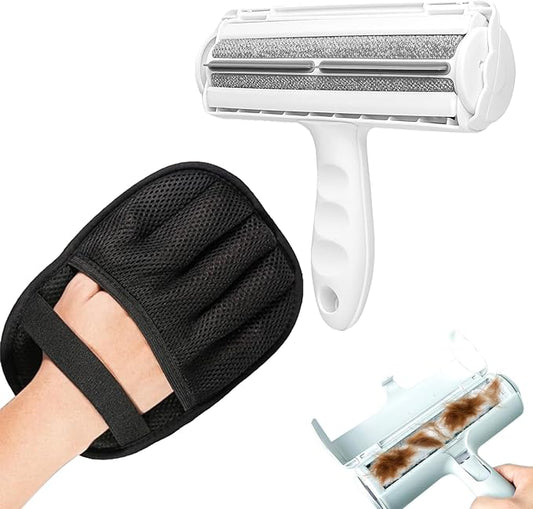 2-in-1 Pet Hair Remover Set – Grooming Mitt & Self-Cleaning Lint Roller for Dogs & Cats, Reusable Electrostatic Brush for Furniture, Carpet, Car Seat, Bedding & Clothes