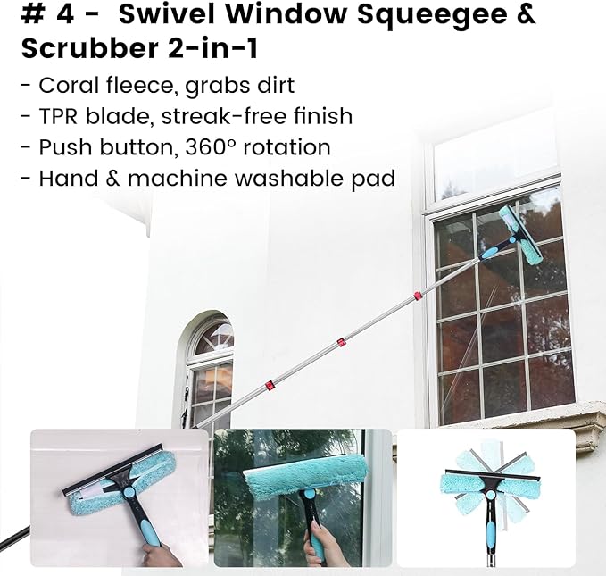 14FT High Reach Cleaning Kit - Includes 12FT Telescoping Extension Pole Bendable Chenille Duster & Microfiber Duster Cobweb Duster Glass Scrubber & Squeegee Swivel Head - for Ceiling Fans Windows