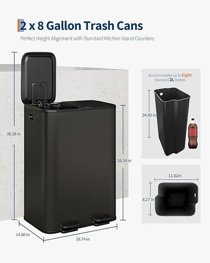OUTLANE 2 X 8 Gal Stainless Steel Double Trash Can with Lid, Dual Compartment Step-on Kitchen Garbage & Recycle Bin, Metal Waste Bin with Removable PP Buckets, Liner Rim, Matte Black
