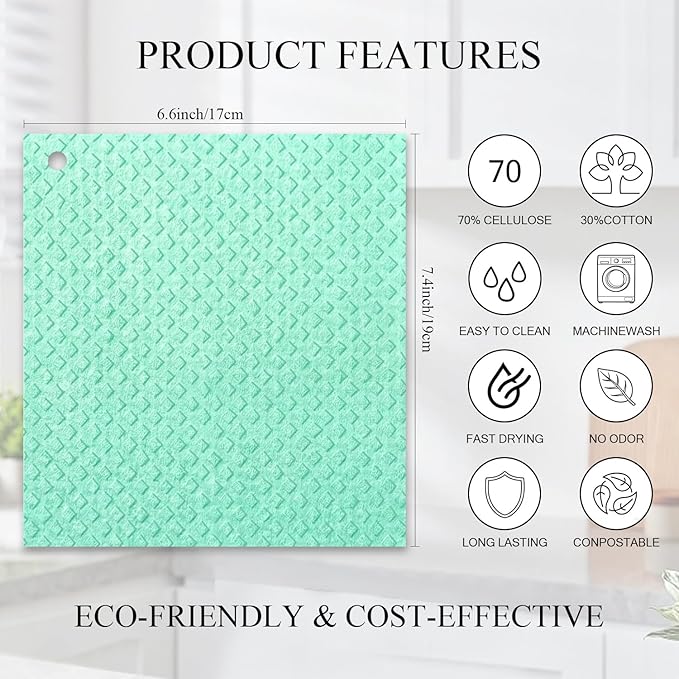 6 Packs Swedish Kitchen Dish Cloths - Reusable Paper Towels for Counters & Dishes - Eco-Friendly Cellulose Sponge Cloth (Green)