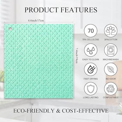6 Packs Swedish Kitchen Dish Cloths - Reusable Paper Towels for Counters & Dishes - Eco-Friendly Cellulose Sponge Cloth (Green)