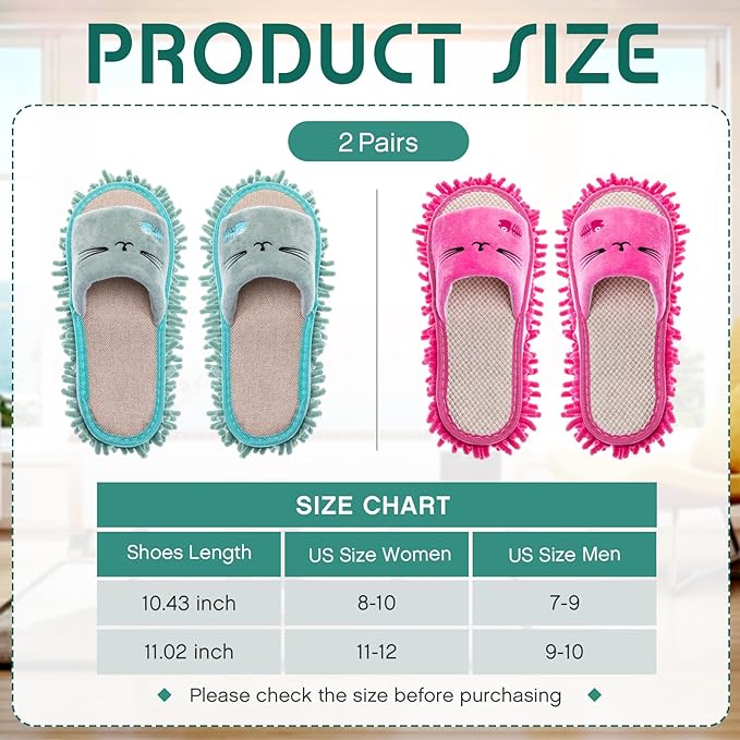 HooLing 2 Pairs Microfiber Mop Slippers for Floor Cleaning Detachable House Mop Shoes Men and Women Washable Unisex Dusting Slippers Dirt Tool Supplies(Rose Red, Green,Men's 7-9, Women's 8-10)