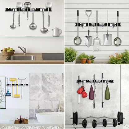 2 Packs 5 Racks and 4 Hooks Mop and Broom Holder Wall Mount, SUS304 Heavy Duty Broom Organizer Storage Tool Racks, Self Adhesive Solid Non-slip Tool Hangers for Home Kitchen Garden Laundry Garage