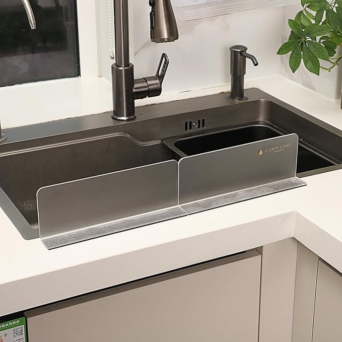 Kitchen Sink Splash Guard, Two-Sided Adhesive Iron Cloth Adhesive Magnetic Sheets - Transparent Acrylic (Frosted) Suitable for Splash Guard Kitchen Sink Area (8.86x1.2x3.35 in) (2pcs)