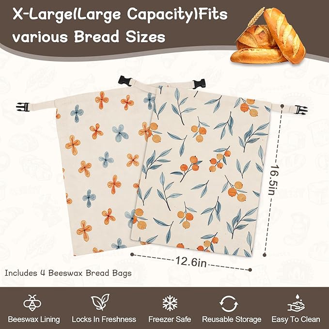 4 Pack Beeswax Bread Bags, Reusable Bread Bag for Homemade Sourdough Bread, 16.5 X 12.6 Inch Beeswax-Lined Linen Storage Bags With Zipper & 2pcs Beeswax Wraps for Food, Pastry, Baking Storage