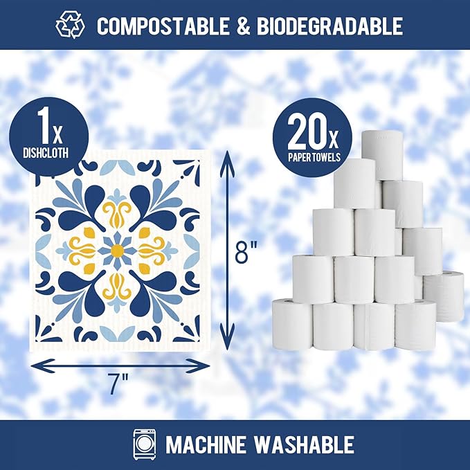 12 Pack Swedish Dishcloths with 2 Push Towel Hooks - Reusable Paper Towel Wash Cloths, Microfiber Kitchen Towels,Non Scratch Wire Dishcloth - Blue Set