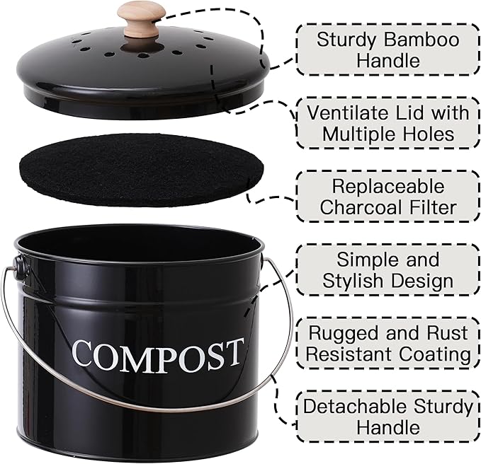 Compost Bin - 1 Gallon Countertop Composter with Lid and Charcoal Filters, Rust Proof Indoor Bucket for Kitchen Food Waste