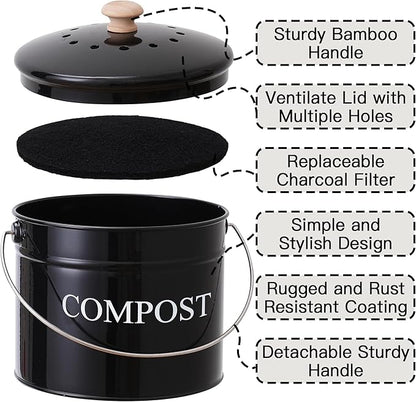 Compost Bin - 1 Gallon Countertop Composter with Lid and Charcoal Filters, Rust Proof Indoor Bucket for Kitchen Food Waste