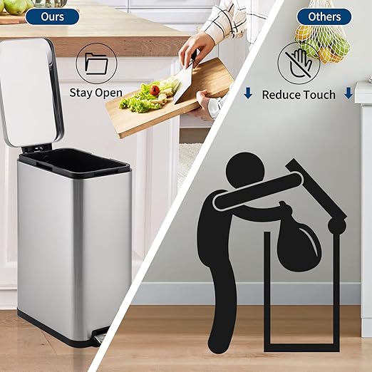 13-Gallon Kitchen Trash Can, 50-Liter Slim Stainless Steel Pedal Trash Bin, Pedal Trash Can with Soft-Close Lid, Fingerprint-Resistant, with Removable Inner Bucket, Suitable for Small Spaces,Bathroom