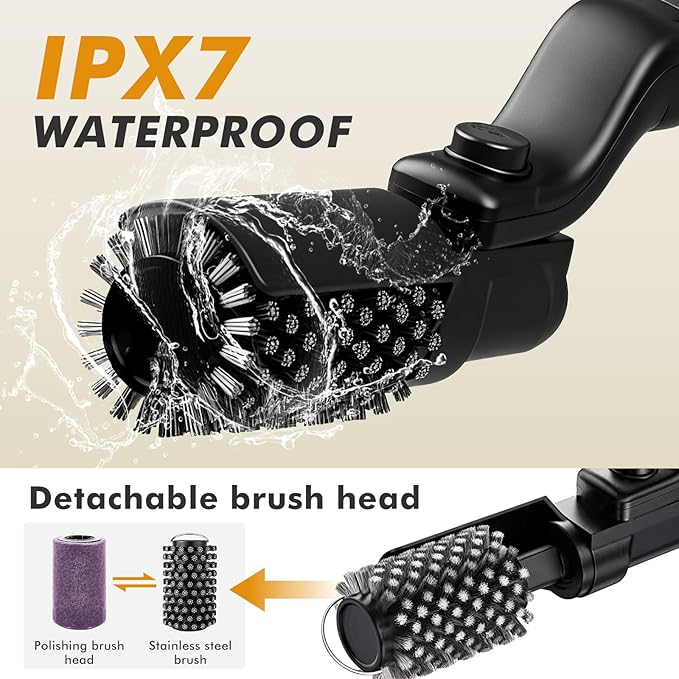 Electric Grill Brush with Rotary180°Adjustable Brush Head for BBQ,3-Speed Setting,Rechargeable,90Mins Runtime,Cordless,Waterproof, Anti-Shedding Wire Bristle and Grinding Brush for Grill Cleaning