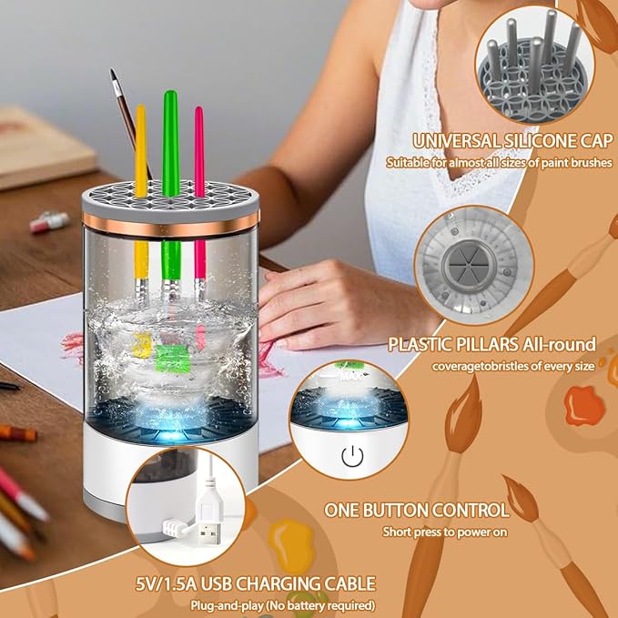 Vodolo Electric Paint Brush Cleaner Machine,Easy Premium paintbrush Cleaner Professional Automatic Spinning Water Color Brush Cleaning Tool Cleanser Machine,Painting Artist Accessories