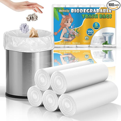 Compostable 5-Gallon Garbage Bags Unscented - Heihaily Small Clear White Trash Bag Bulk 5 Rolls 100 Count Biodegradable Disposable Wastebasket Liners Strong Durable for Kitchen Bathroom Outdoor