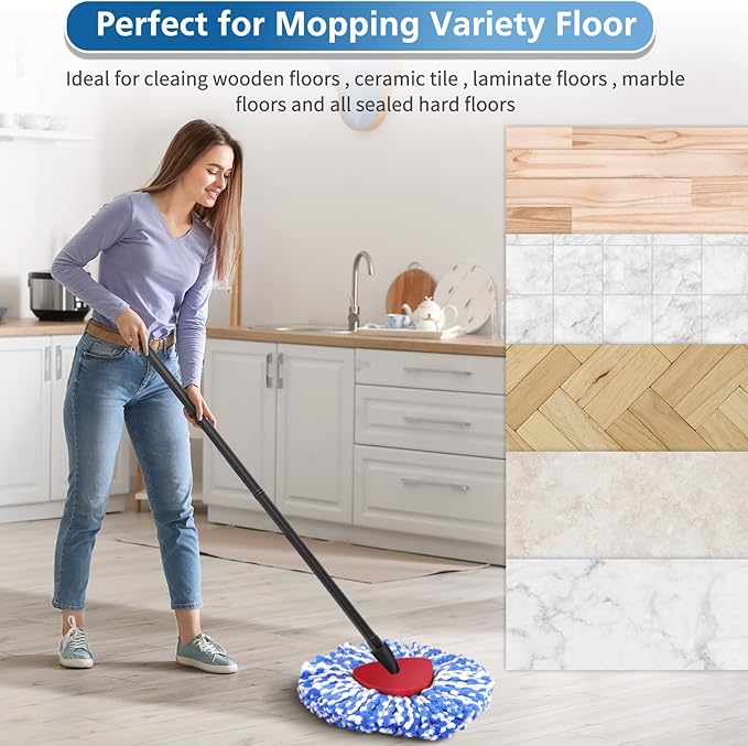 8 Pack RinseClean Spin Mop Replacement Head Refills with 1 Rotating Mop Base Compatible with O Ceda RinseClean 2 Tank System, Blue Microfiber Mop Refills for Floor Cleaning