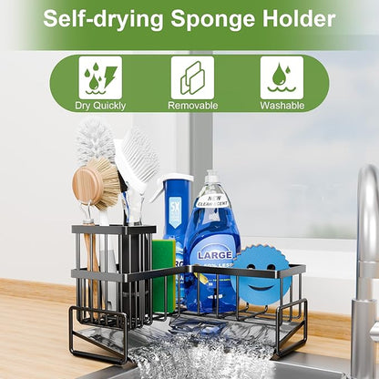 Fikoksol Large Sponge Holder for Kitchen Sink, 90-Degree Sink Caddy Organizer with Dish Brush Holder for Countertop Corner Storage Rack, Metal L-Shaped Kitchen Sink Sponge Soap Organizer Storage Ideas