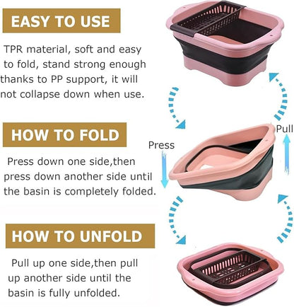 2.98 Gallon (11.28L) Collapsible Dish Basin with Drain Plug, Outdoor Multiuse Foldable Sink Tub, Dishpan, Wash Basin, Portable Kitchen Storage Tray for Camping, RV, Beverage Bucket (Pink)