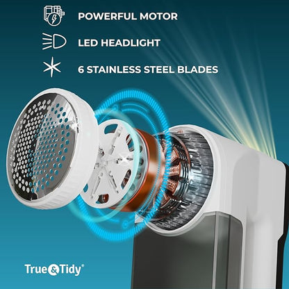 True & Tidy XL Fabric Shaver & Lint Remover, LED Digital Display, 3 Speeds, 6-Blade Stainless Steel w/Extra Blades, Type-C Fast Charging, 2.5-3.5 Hours Runtime, for Clothes, Furniture & Upholstery