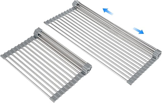 Large Expandable Roll Up Dish Drying Rack, Heat-Resistant Dish Drainer for Stainless Steel Sinks, Over The Sink Non-Slip Silicone Rollable Dish Drainer Roll Rack 18 Tube Gray 21.25''x12.79''