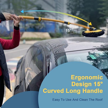 YeewayVeh Car Wash Brush Mop with Long Handle, 15° Curved Extension Pole Car Wash Kit with 3 Chenille Brush Head Covers for RV Truck Camper Cleaning, Yellow