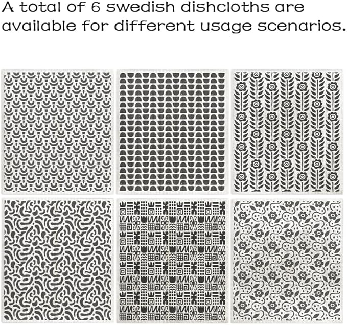 Swedish Dishcloths for Kitchen – 6 Pack Cellulose Reusable Cleaning Paper Towels – Soft, Quick-Drying, Washable Dish Rags for Kitchen, Counters & More (Black Texture)