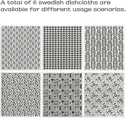 Swedish Dishcloths for Kitchen – 6 Pack Cellulose Reusable Cleaning Paper Towels – Soft, Quick-Drying, Washable Dish Rags for Kitchen, Counters & More (Black Texture)